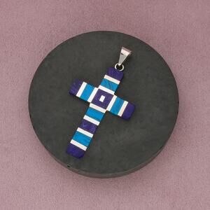 mexico sterling silver vintage turquoise & purple sugilite cross pendant